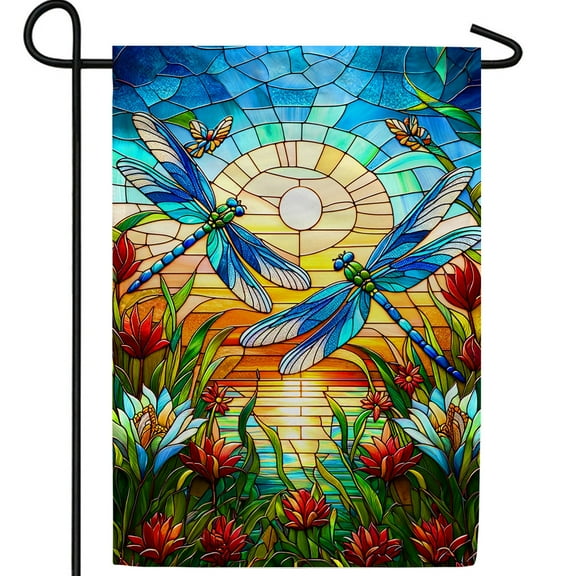 America Forever Stained Glass Dragonfly Garden Flag, 12.5 x 18 inch Double Sided, Dragonlfies Spring Summer Floral Flower Decorative Seasonal Outdoor Decor, Holiday Outside Decorations Yard Flag
