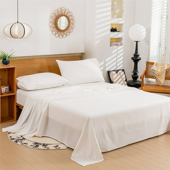 4pcs White Cotton Bed Sheets Set, Premium Bed Sheet Set, 18-inch Deep Pocket, Soft Breathable Bedding