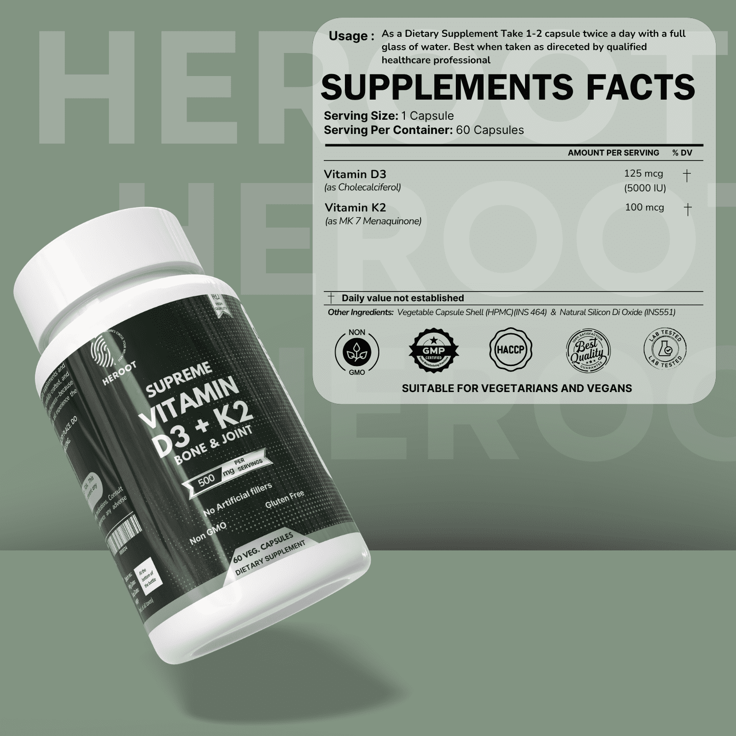 Heroot Vitamin D3 + K2 Capsules | 125 mcg D3 & 100 mcg K2 per Capsule | 120 Veg Capsules | 120 Servings | Daily Supplement