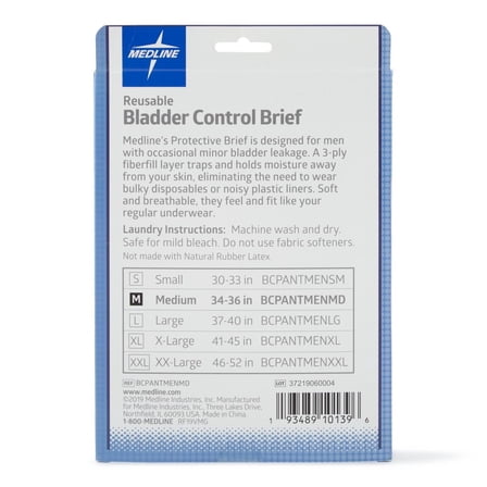 Medline Reusable Incontinence Briefs for Men, Light Absorbency, Medium, 34 to 36in, 1 Count