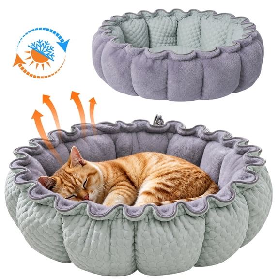 Cat Beds Indoor, DOMIPET Reversible Cool & Warm Pet Bed with Neck Support Sides, Washable Cozy Pet Cushion for Cats Puppy, All-Season, Grey