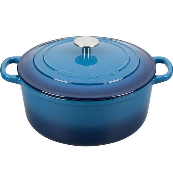 Olla holandesa de hierro fundido esmaltado con tapa, 7 cuartos, redonda, apta para hornear pan, apta para horno hasta 260 °C, color azul lago