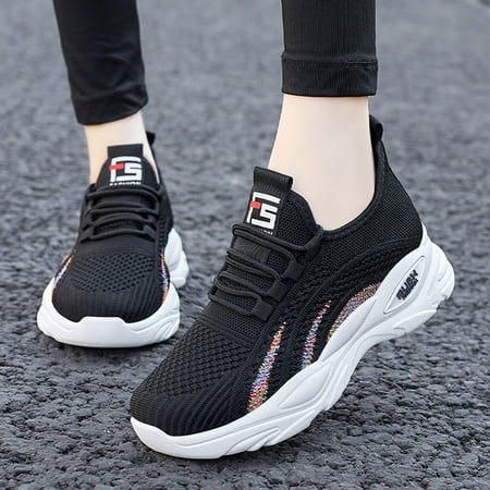 

MIASHUI Fashion Autumn Women Sports Shoes Flat Fly Woven Mesh Breathable And Comfortable Solid Color Simple Stripe Elastic Lace Up Autumn Winter Casual Shoes for Women