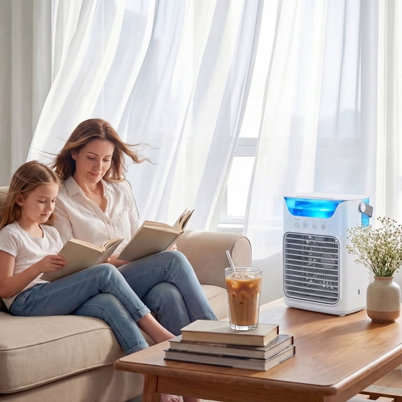 HOMCOM Evaporative Air Cooler, 4-in-1 Portable Air Conditioner with 3 Wind Speed, 2 Cool Mist, RGB 7 LED Light, 2-6H Timer