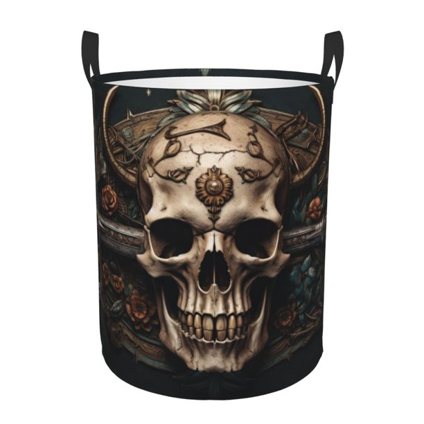 Fotbe Metal Style Horned Skull Cesto de Ropa con Asas, Cesto Impermeable de Gran Capacidad, Bolsa de Lavado para Dormitorio, Cesto de Ropa con Ruedas y Asas-Medium