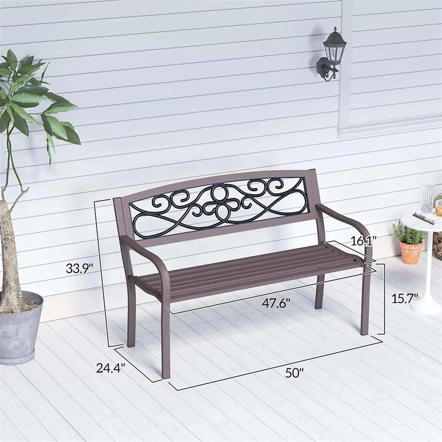 Demi Bonn Patio Garden Bench Metal Park Bench, Outdoor Benches Furniture with Floral Pattern Backrest & Slatted Seat for Patio, Park, Lawn, Yard, Brown