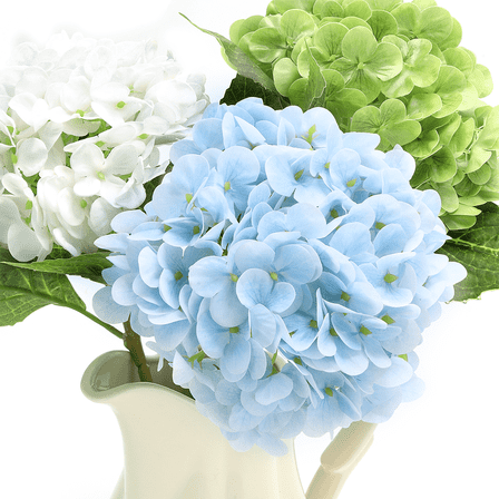 Artificial Hydrangeas, Set of 3 Real Touch Stems, 20-Inch Artificial Flowers with 7" Large Flower Heads for Home Decor in White, Green and Blue