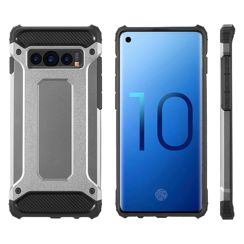 BUNDLE: Rugged Performance Dual Layer Hybrid Case for Galaxy S10 Plus (Gray) & Retractable 3.5mm Headphone Splitter Cable - Port Covers, Bumper Corner Protection, Shock Absorption, Raised Lip Guard