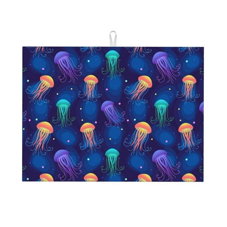 

Tebeau Jellyfish colorful Print Dish Drying Mat for Kitchen Counter Dish Drying Pad with Non-slip Rubber Backed Hide Stain Anti Absorbent for Kitchen Counter Drying Mat
