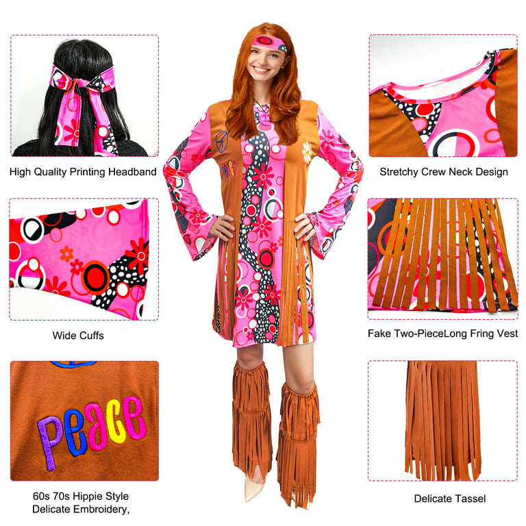 60s 70s Hippie Costume Outfits Hippy Clothes Disco Dress Adult Costume For  Women,60s 70s Party Costume,Pink Size Medium 