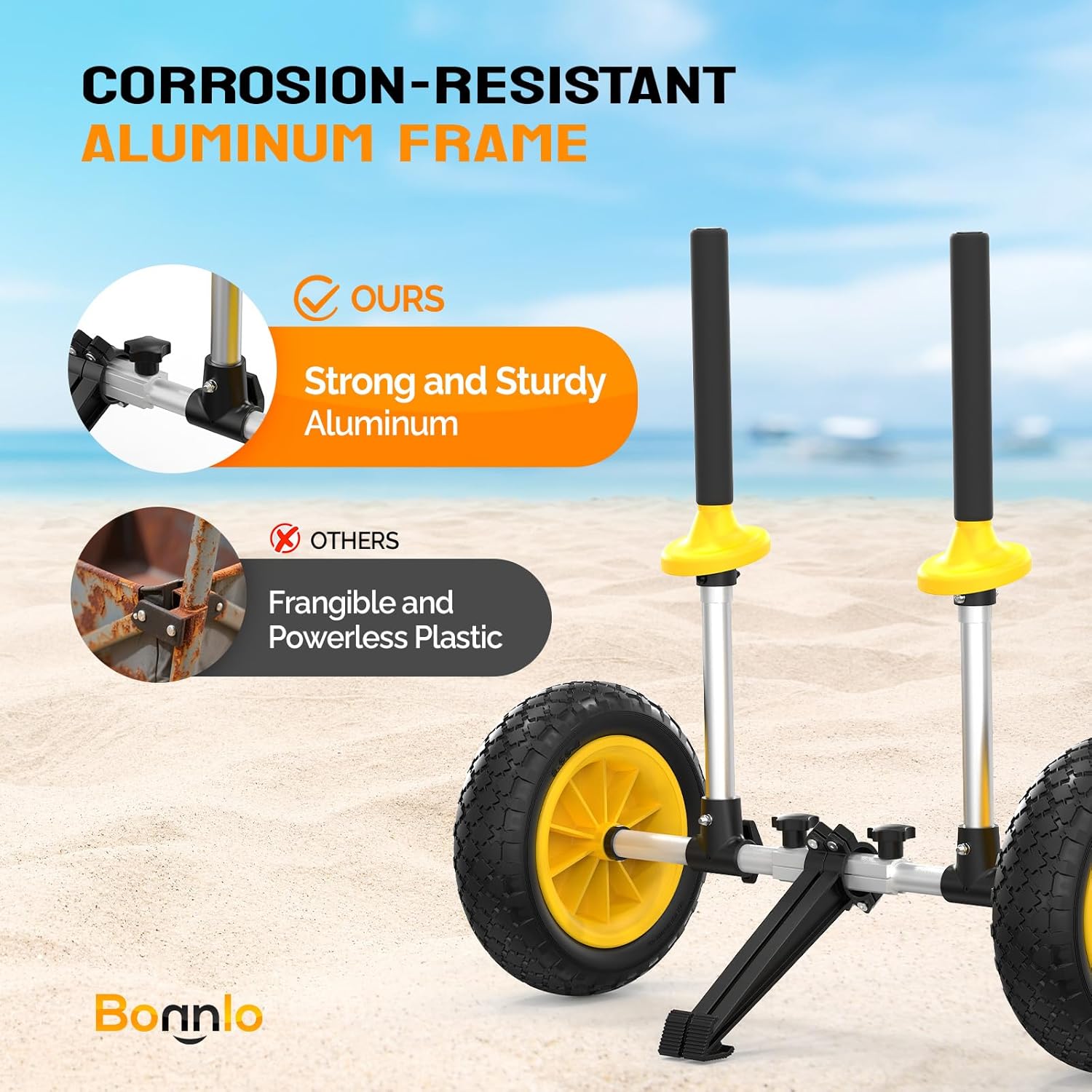 HJTER Kayak Cart with 10in Kayak Wheels, 7.1"-17.1" Adjustable Width, Detachable Kayak Dolly with Adjustable Angle Kickstand, Strap Free Kayak Trolley for Sit on Top Kayaks