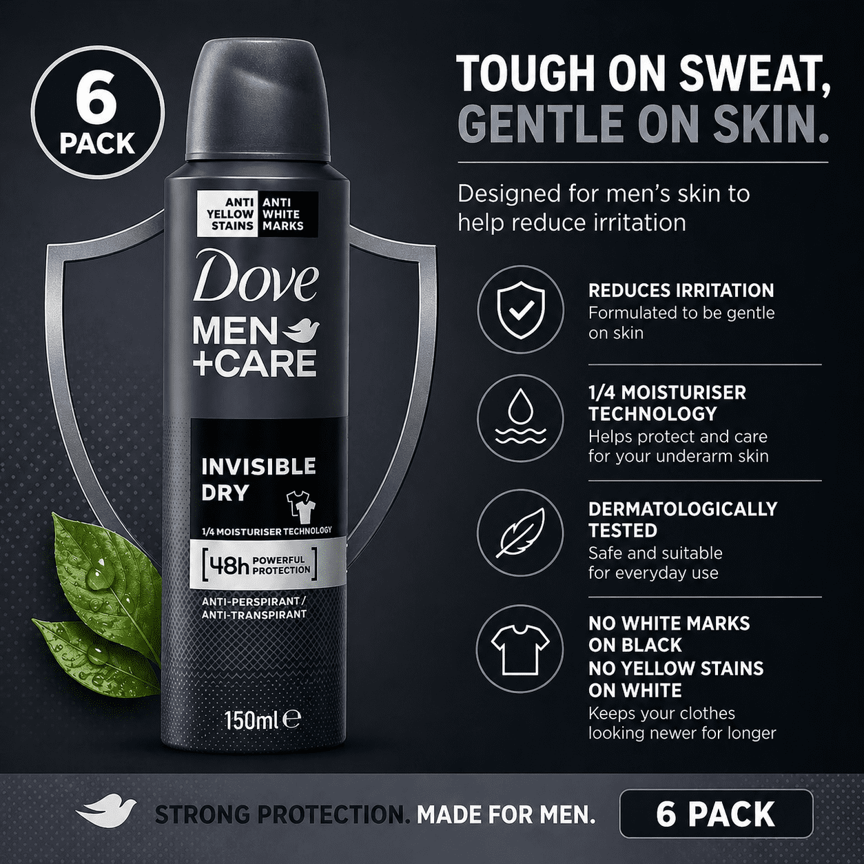 Dove Men+Care Invisible Dry Antiperspirant Spray Deodorant 3.8 oz (150 mL), 6 Pack, 72-Hour Protection, No White Marks on Clothes