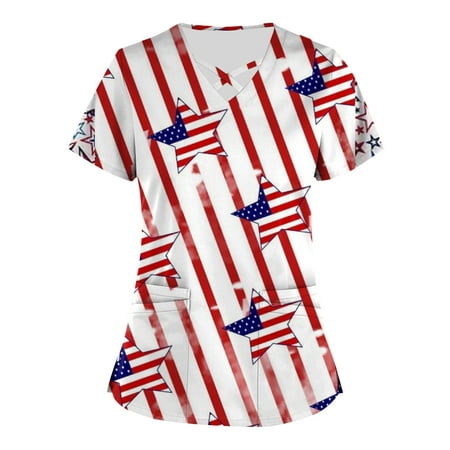 

HIMIWAY Fourth of July Clothes Womens Tops Plus Size Independence Day Printed Scrub Working Uniform Tops for Women Cross V-Neck Short Sleeve Fun T-Shirts Workwear Tee with Pockets White XXL