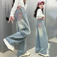 thumbnail image 2 of BJUTIR Girls Jeans Denim Pants Straight Leg Loose Fit Wide Leg Pants With Embroidered Waist For Big Kids Autumn Winter Comfort Fit Light Blue Trousers Size 5-6 Years, 2 of 9