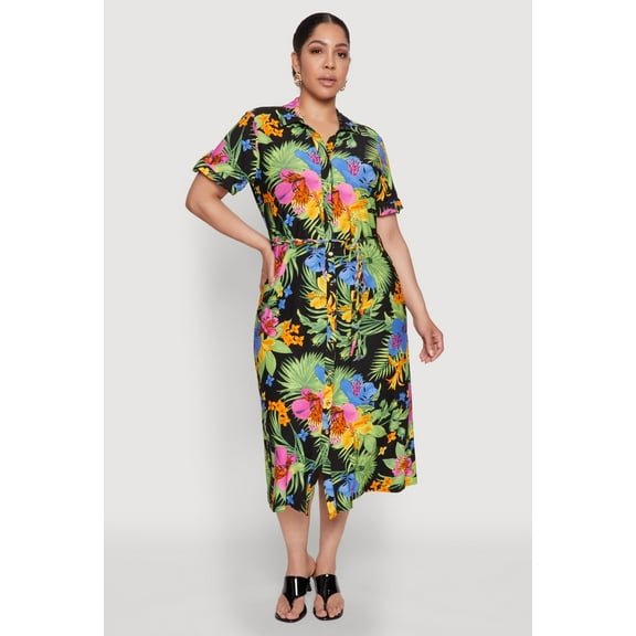 Womens Plus Size Tie Waist Belted Floral Print Shirt Dress
