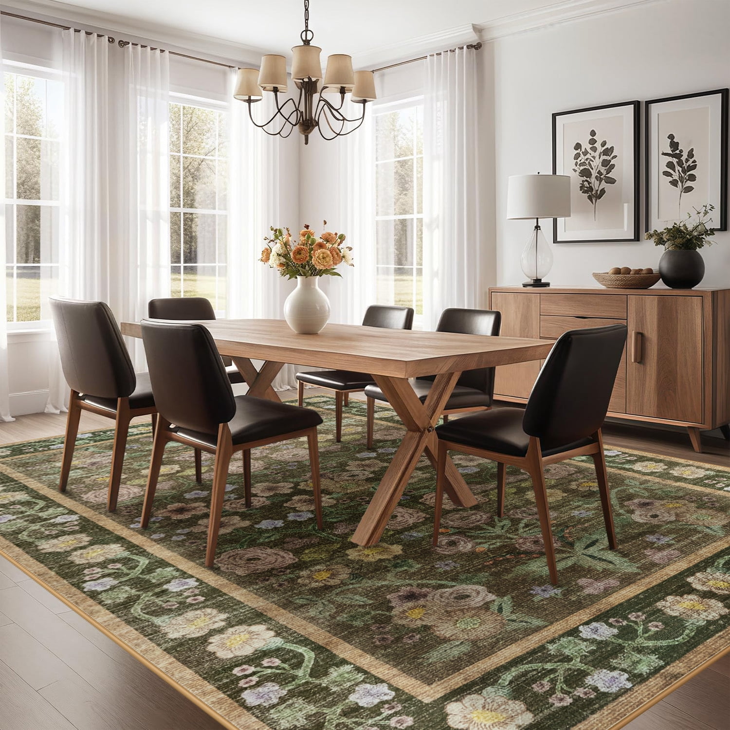 Wondo Washable Area Rug 6x9 - Traditional Floral Living Room Rug Stain Resistant Soft Bedroom Rug, For Under Table Living Room Indoor Rug, Coffee