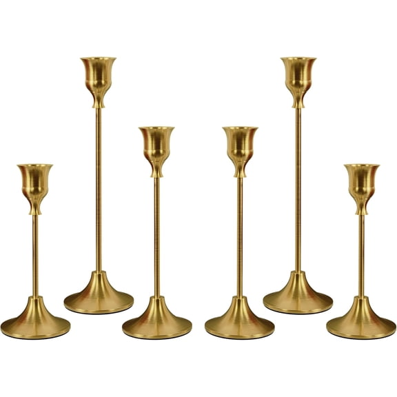 Set of 6 Gold Brass Taper Candle Holders - Vintage Decorative Candlesticks for Table Centerpiece, Mantel & Festive Decor, Elegant Home Decor Accents