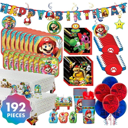 Super Mario Party Kit  For 16 192 pc w/ Tableware Decorations Hats and Balloons