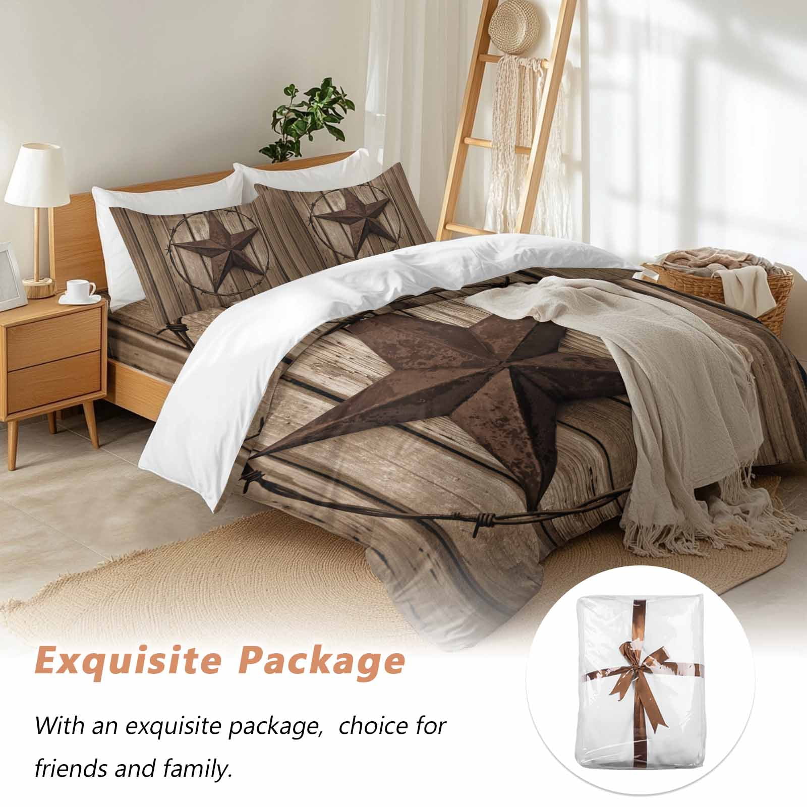 Vintage Texas Star Bedding Duvet Cover Set King Size 4 Pieces Brown Wood Grain Wire Soft Twill Plush Quilt Cover, Include 1 Duvet Cover 1 Flat Sheet And 2 Pillow