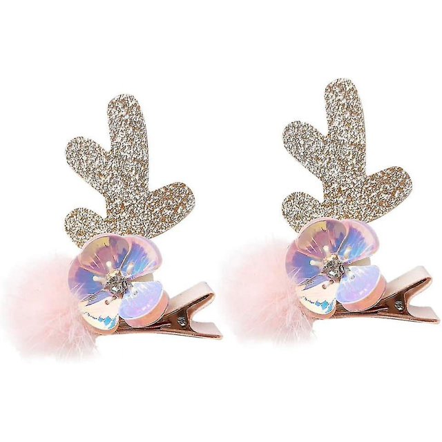 Pinzas para el pelo de asta de reno, pasadores para el pelo con lentejuelas y flores, pompón, pasadores para fiesta navideña, accesorios para el cabello (4 unidades, rosa)