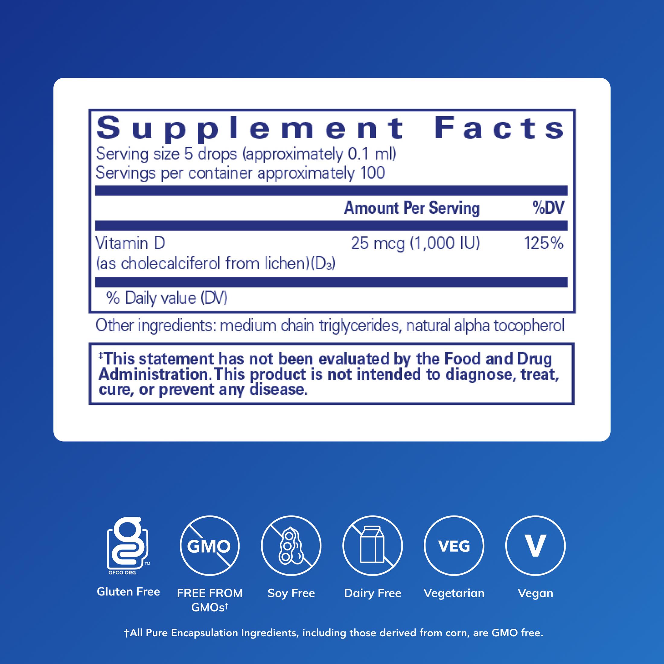 Pure Encapsulations Vitamin D3 (Vegan) Liquid | Hypoallergenic Support for Bone, Breast, Cardiovascular, Colon and Immune Health* | 0.3 fl. oz.