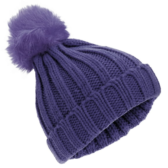 Childrens Girls Rockjock Cable Knit Faux Fur Pom Pom Winter Beanie Hat
