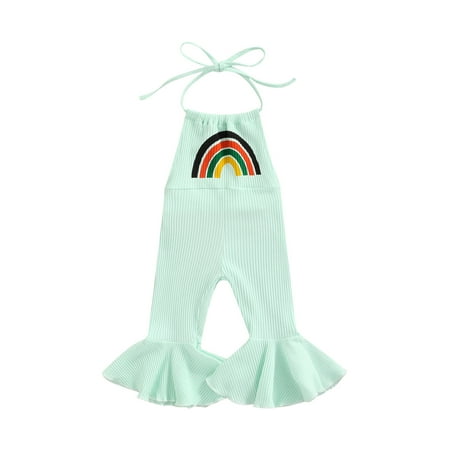

Suanret Toddler Baby Girls Halter Jumpsuit Summer Rainbow Pattern Flared Pants Ruffles Rompers Knitted Playsuit Green 3-4 Years