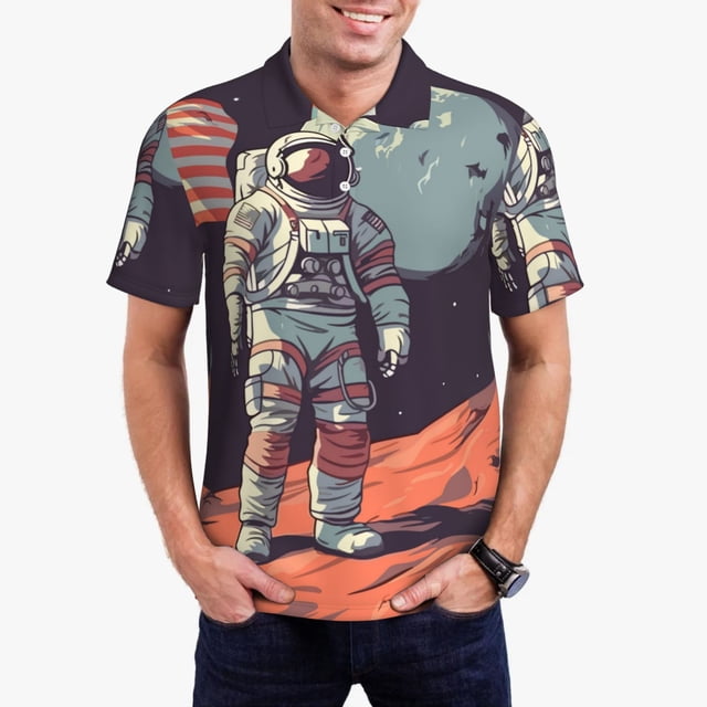 Balery Astronaut With American Flag Camisa Polo de Hombre con Estampado, de Manga Corta y Tejido Medio, Camisa Tipo Golf Polo-Large
