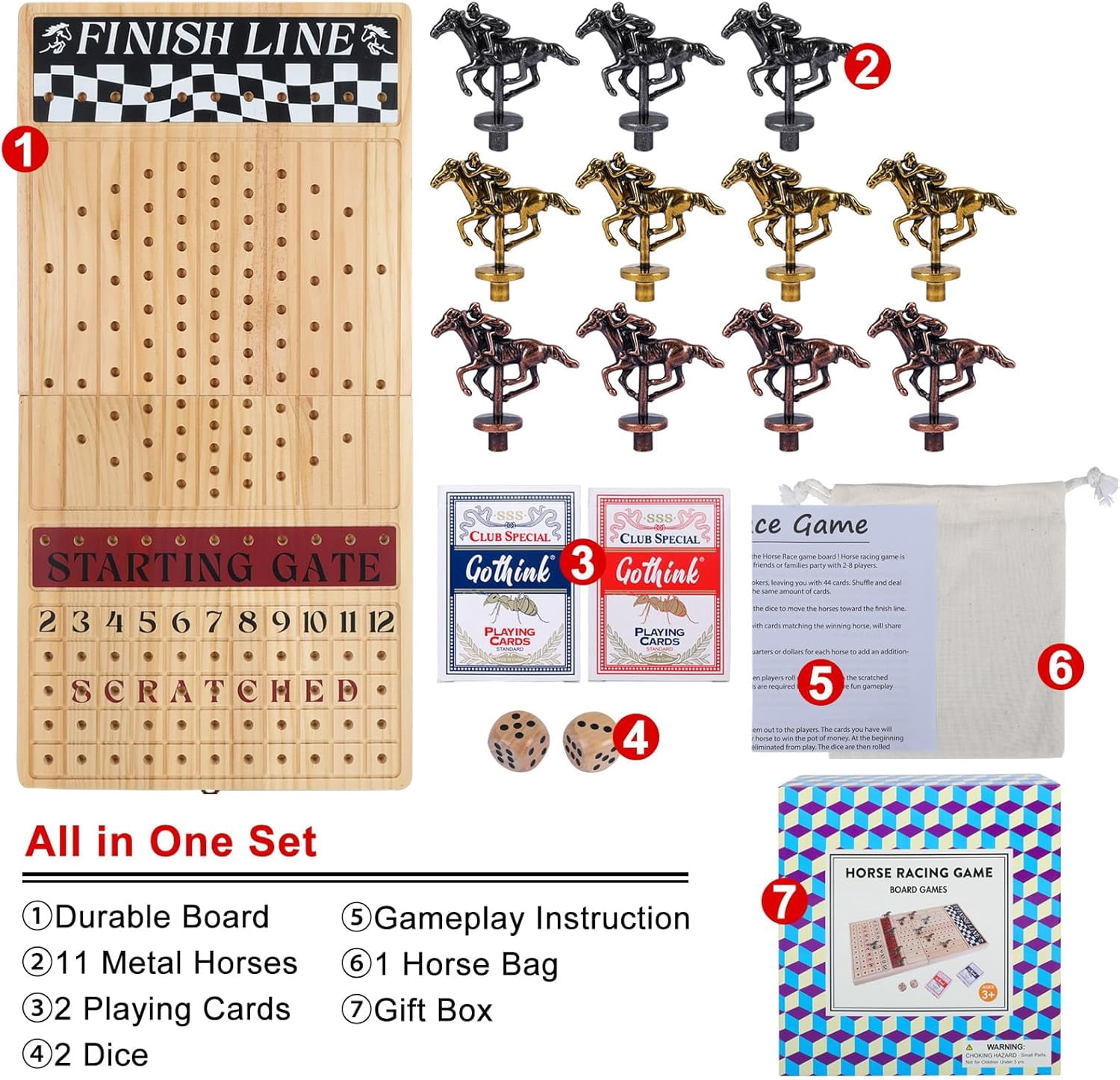 Fugocen Horse Race Board Game Foldable Wooden Premium Durable 11 Retro Metal Horses Fun Night Game 1-Pack Large 23 Inches