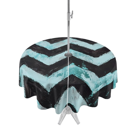 Outdoor Tablecloth with Umbrella Hole Zipper Abstract Teal Round Tablecloth 54" Waterproof Outside Table Cloth Geometric Zigzag Waves Bohemian Stripes Patio Table Cover Tablecloths for Picnic Party