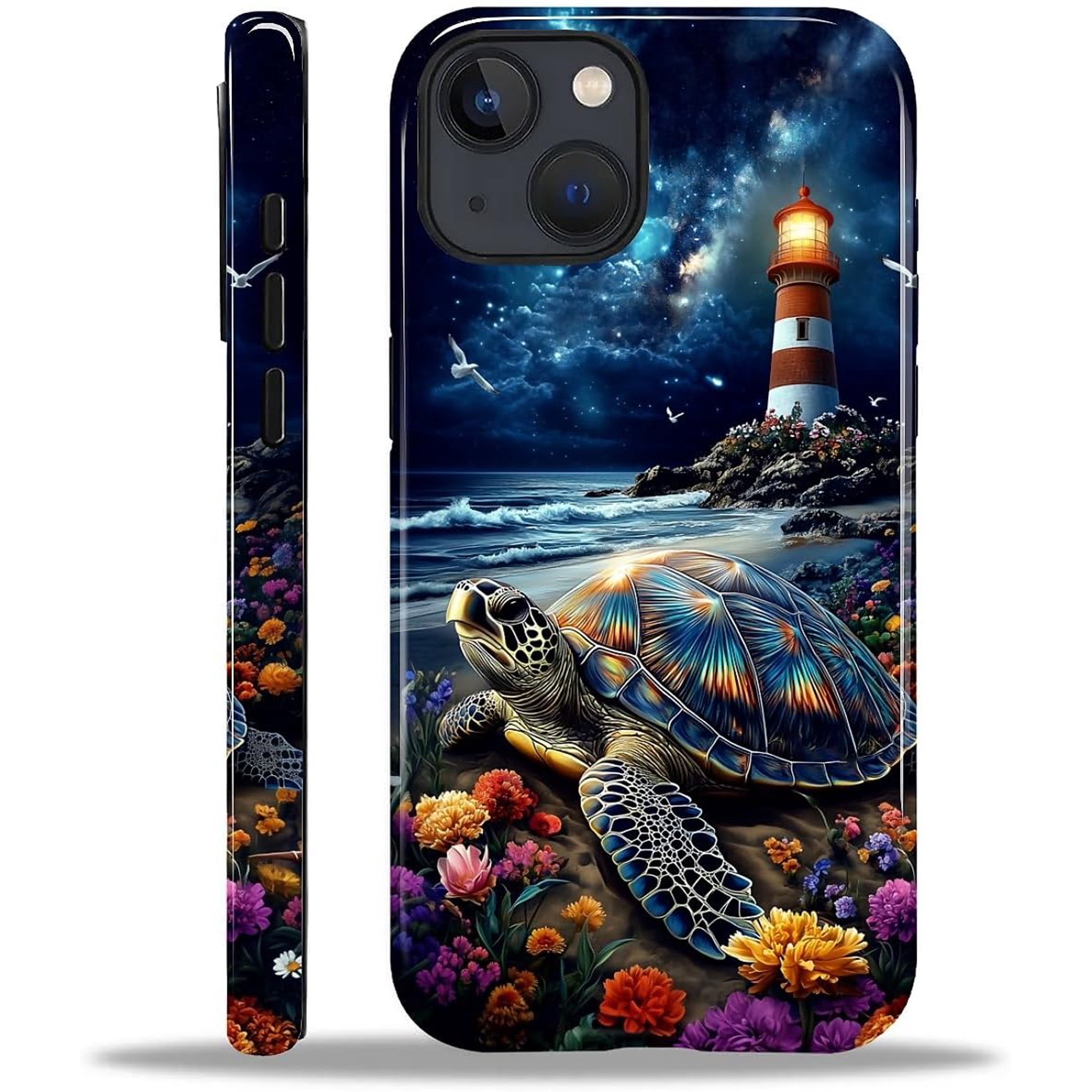 Compatible with iPhone 15 Case - Dual-Layer Protection Hard Shell with Silicone Interior Slim Scratch Resistant Shockproof for Woman Men - Lighthouse Sea Turtle Flower