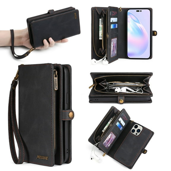 for iPhone 14 Pro Max Wallet Case, Durable PU Leather 2-in-1 Detachable Magnetic Flip Phone Case for iPhone 14 Pro Max Case Wallet with Card Holder Slots Zipper Pouch for Women Men,Black
