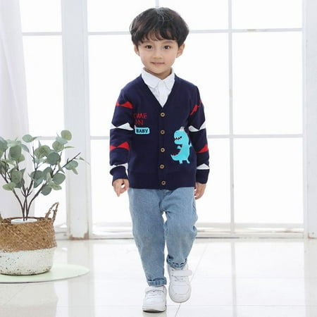 

Baozhu 1-8Y Autumn Winter Kids V-neck Cardigan Sweater for Baby Boys Cartoon Dinosaur Children Knitted Coat Cardigan Outwear (Dark blue)