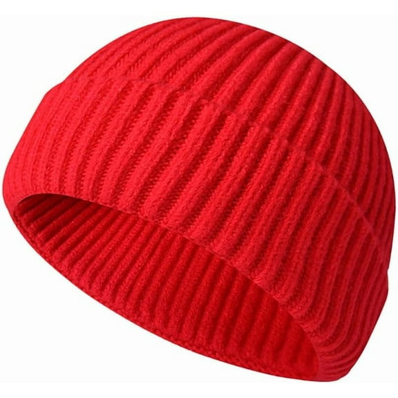 Unisex Wool Knit Cuff Short Fisherman Beanie for Men Women, Trawler Beanie Watch Hats Winter Caps (Red)