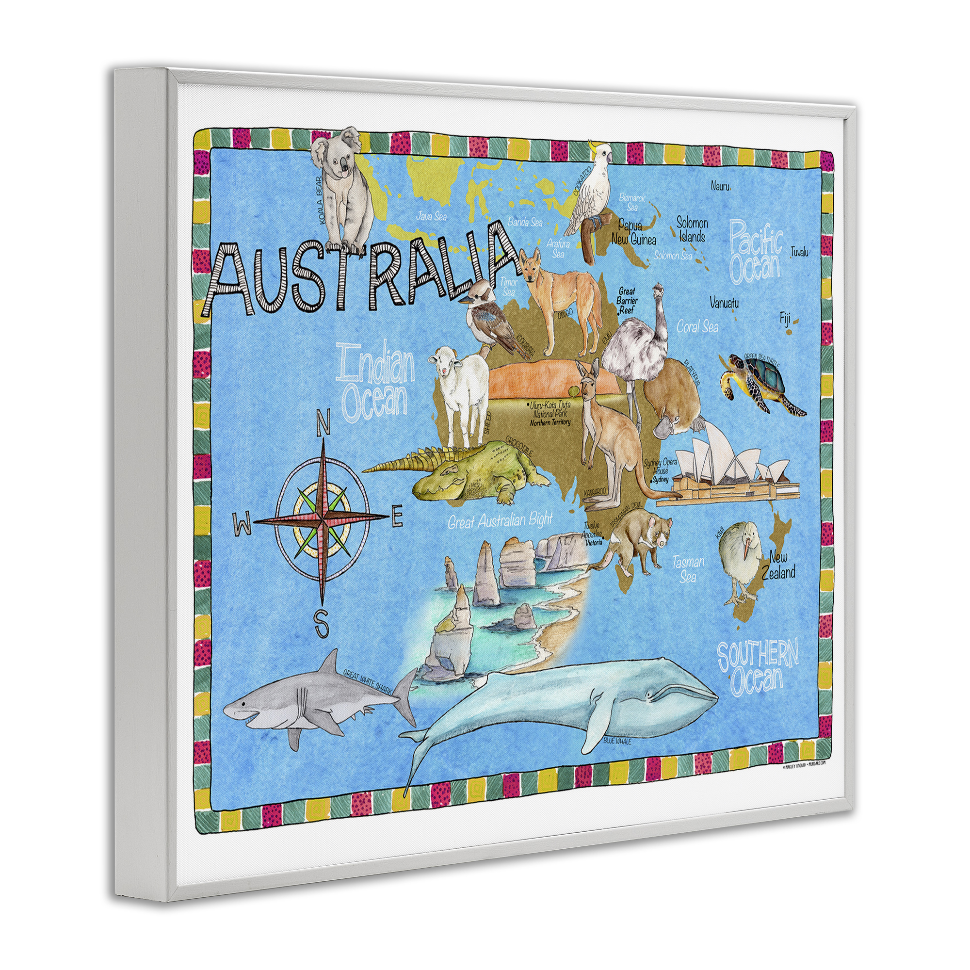 Stupell Industries Australia Animal Map Travel & Places Painting White Framed Art Print Wall Art, 20 x 16