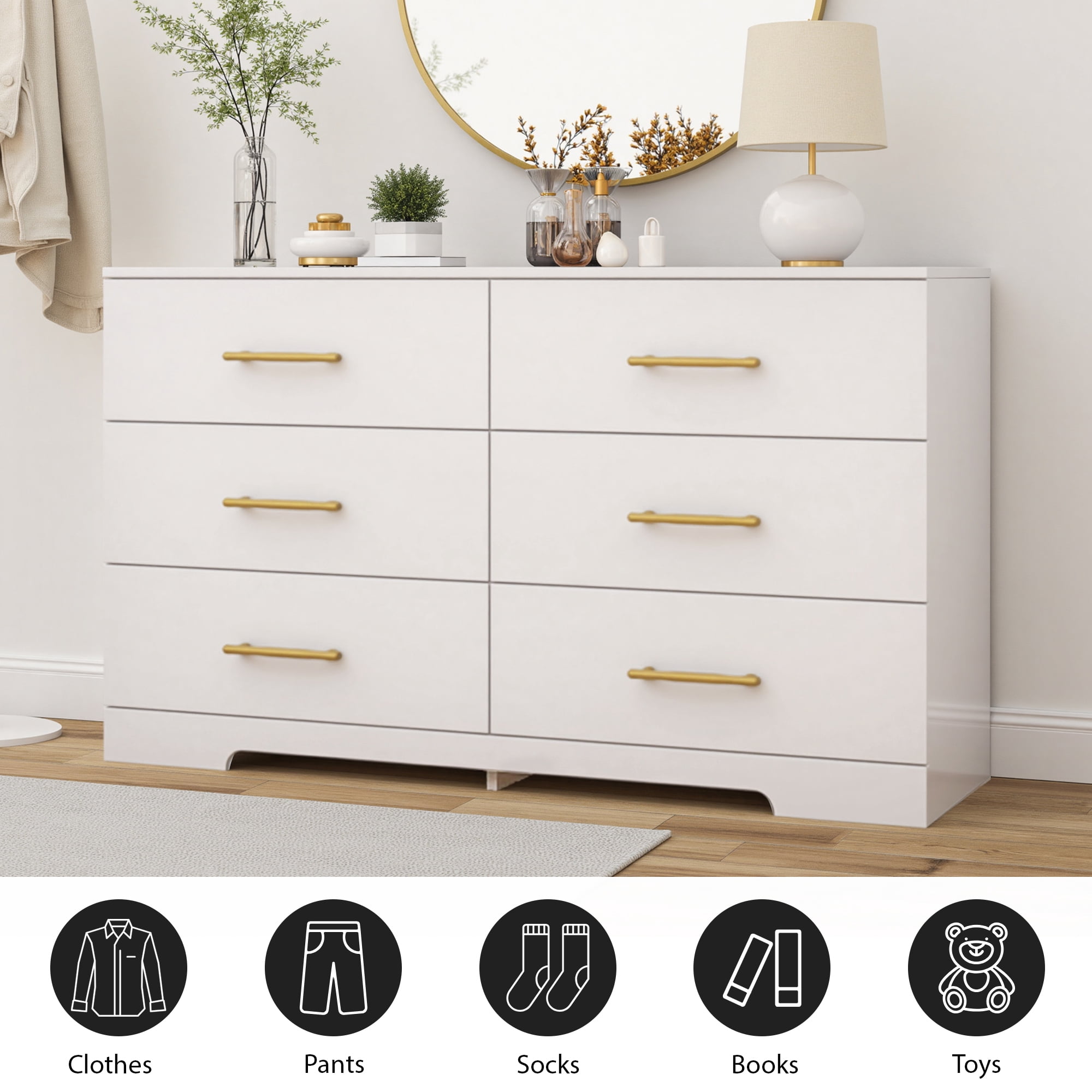 6 Drawer Dresser, Modern Dresser for Bedroom with Spacious Countertop, Wood Storage Cabinet for Bedroom, Living Room, Entryway,White