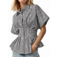 thumbnail image 2 of Striped Button Down Shirts for Women Short Sleeve Pleated Corset Blouse Casual Summer Black Strips S, 2 of 6