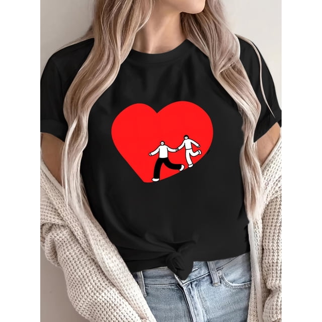 Valentine's Day Love Heart Couple Print T-Shirt - Casual Crew Neck, Short Sleeve Top for Women, Soft Tee For Adult, Men, Women, Teen, Teenager, Adolescent, Youth