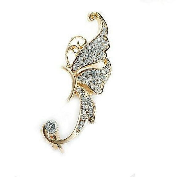 Sexy Sparkles Gold Plated Butterfly Ear Cuff Clip On Stud Wrap Earrings For Left Ear, Clear Rhinestone Butterfly Climber for Women 2 1/8