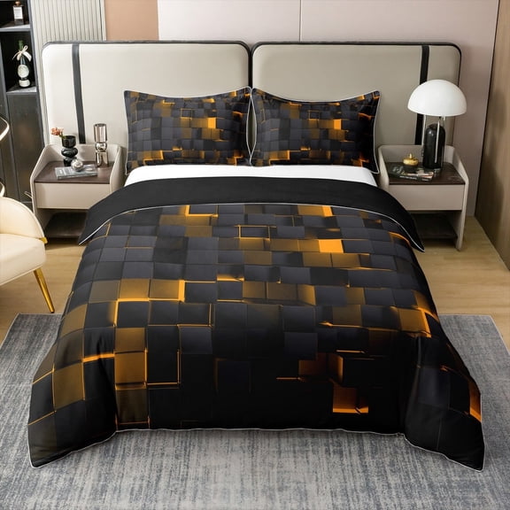Erosebridal Orange and Black 100% Cotton Comforter Cover Twin Neon Geometric Checkered Bedding Set Teen Men,Stereoscopic Grid Plaid Duvet Cover Glowing Square Bed Set Modern Room Decor