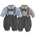 thumbnail image 2 of XinLfly Baby Boy's 2 Pieces Tuxedo Outfit, Long Sleeves Plaids Button Down Dress Shirt with Bow Tie + Suspender Pants Set for Infant Newborn,Gray,12M, 2 of 6