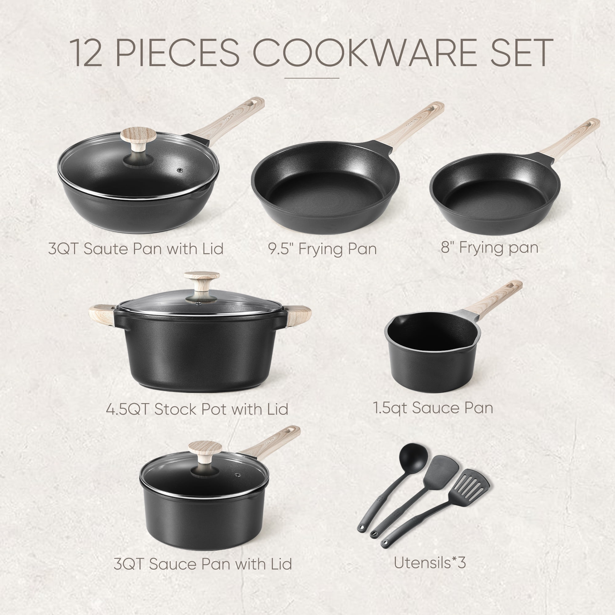 Carote Nonstick Cookware Set 10-Piece,Kitchen Pots and Pans Set,Stay-Cool Handles,Induction Compatible,Cookware Set for RV and Camping,Black