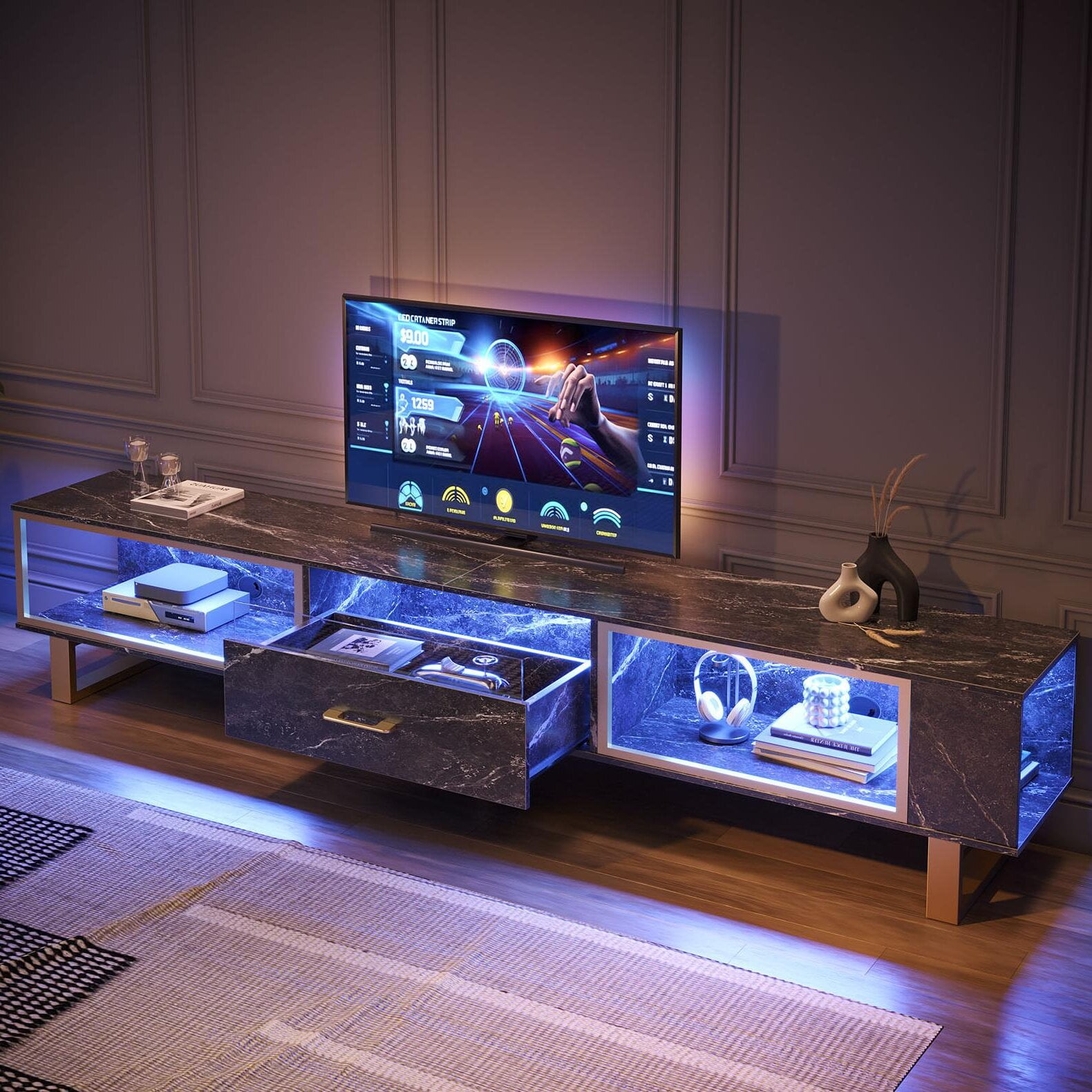 Bestier LED TV Stand for TVs up to 85", Entertainment Center with Drawer & Storage Shelves, Black Marble