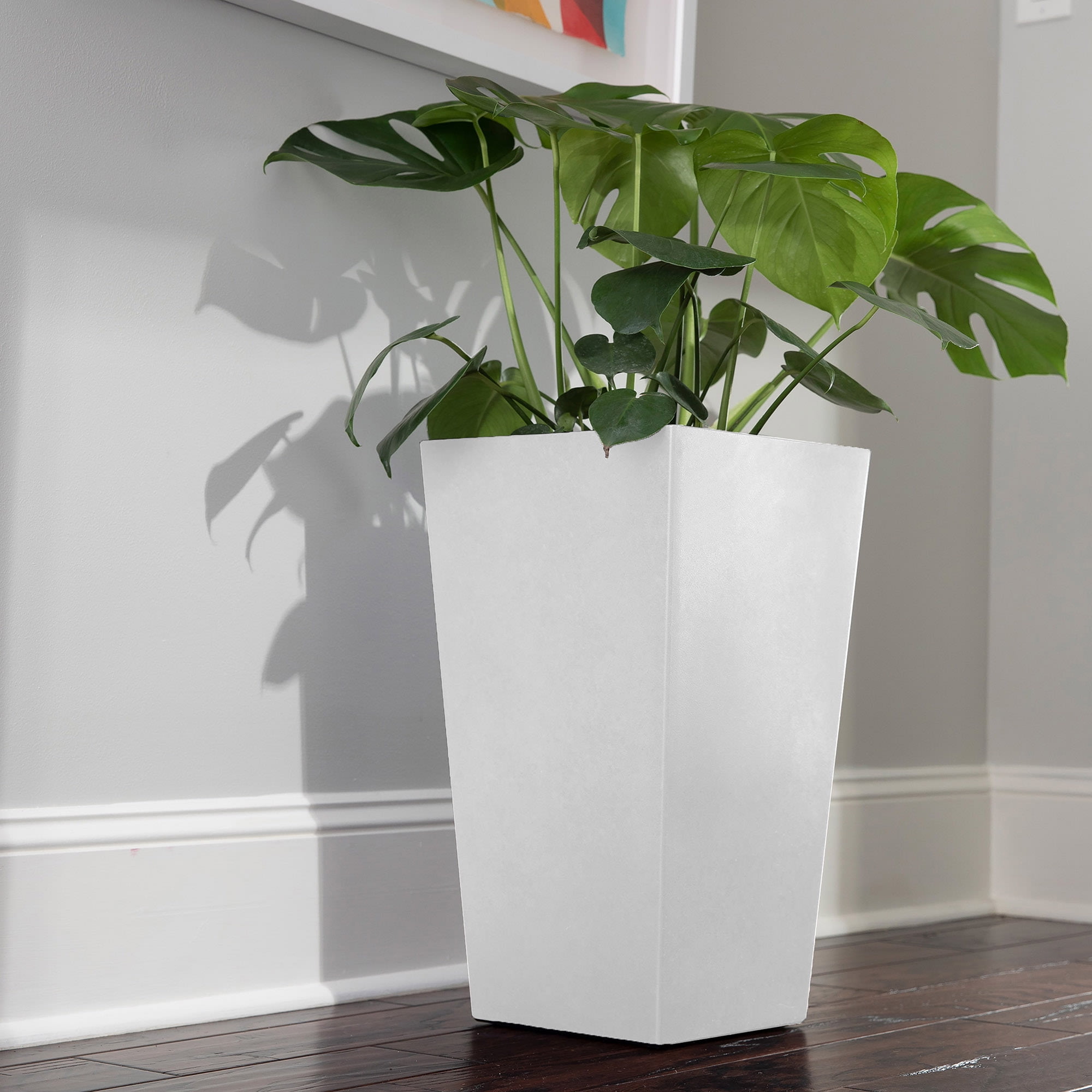 Bloem Finley 20" Tall Square White Plastic Resin Planter with Drainage Holes for Indoor and Outdoor Gardening