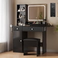 thumbnail image 1 of Small Vanity Desk with Lighted Mirror, Makeup Vanity Set with Charging Station, Storage Drawer, Shelves and Stool, Dressing Table for Compact Bedroom Space, Black, 1 of 6