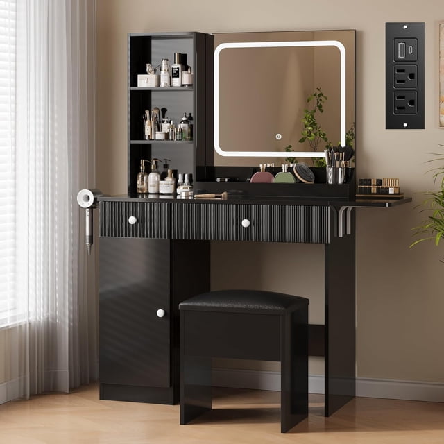 Small Vanity Desk with Lighted Mirror, Makeup Vanity Set with Charging Station, Storage Drawer, Shelves and Stool, Dressing Table for Compact Bedroom Space, Black