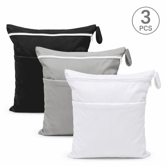 Wet Clothes Bag 3 Pack with 2 Pockets, Reusable Waterproof Bags for Beach, Pool, Gym, and Travel, Grey, Black & White