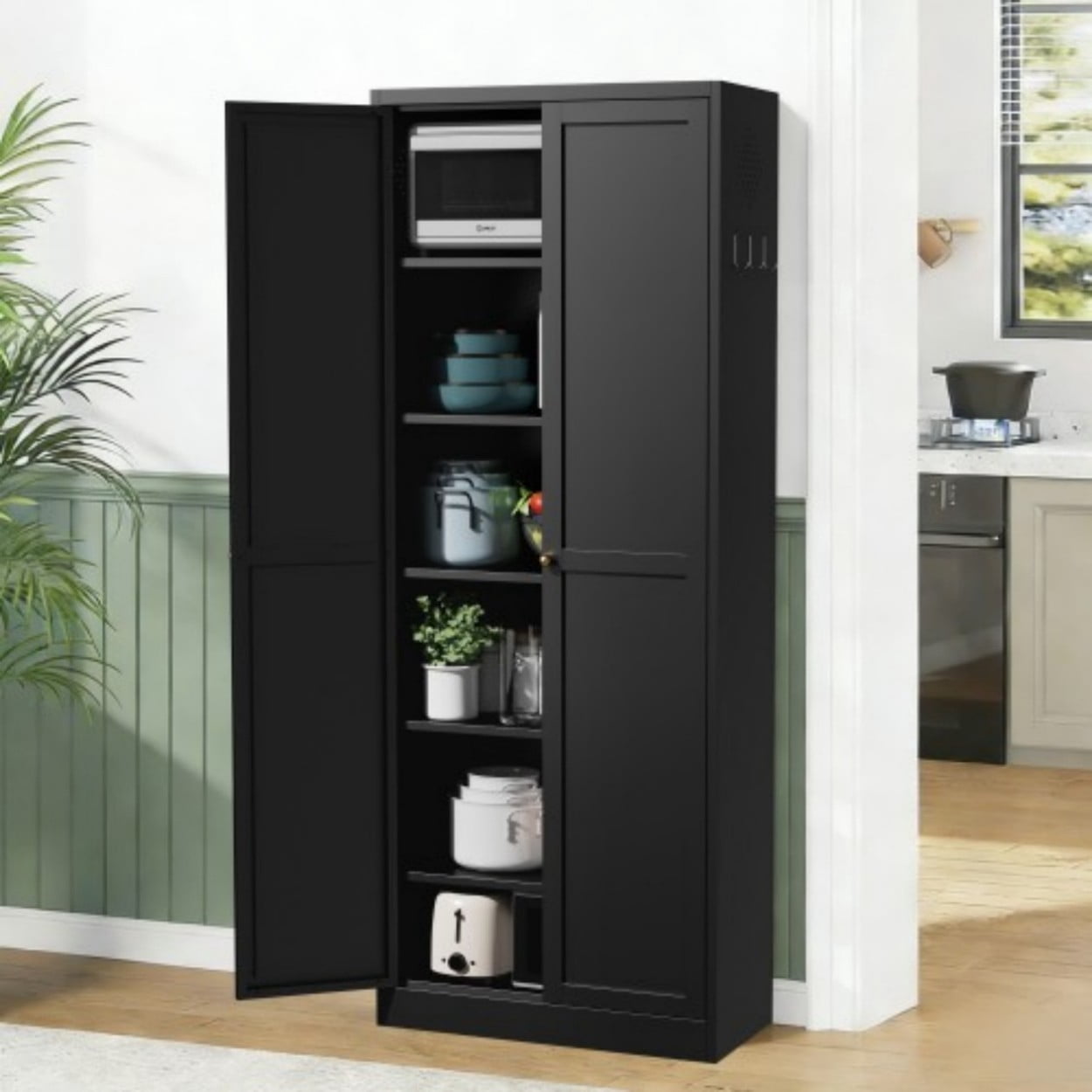 72" White Metal Kitchen Pantry Cabinet with Doors, Heavy Duty Freestanding Storage Organizer, 5 Adjustable Shelves, Tool-Free Assembly Cabinet for Kitchen Bathroom Pantry, Black