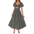 thumbnail image 4 of Mgmyaa Robe d'Été Bohème à Manches Bouffantes Ligne A Décontractée Longue Robe Smockée Col en V Peplum, 4 of 8