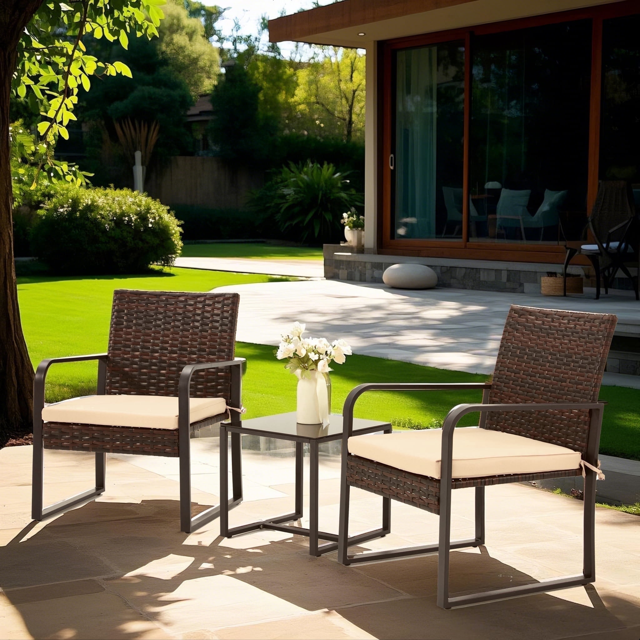 Bezseller 3-Piece Patio Bistro Set, Outdoor Rattan Furniture Patio Chairs with Coffee Table Conversation Set, Brown